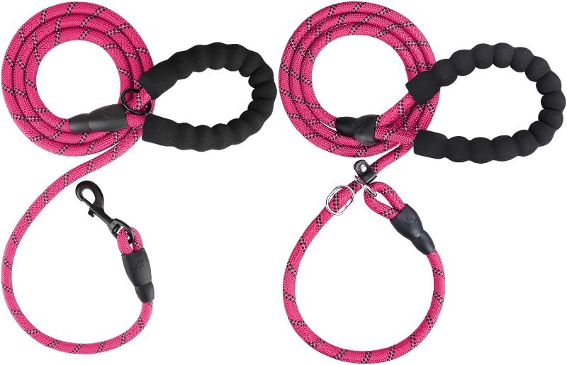 Photo 1 of  6 ft Slip Lead and Rope Basic Dog Leash Set | Reflective Strong Rope | Soft Padded Handle | 3/8 Inch Thick for Small Medium Dogs | Hot Pink 