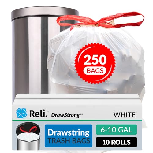 Photo 1 of Reli. 8-10 Gallon Trash Bags Drawstring | 250 Count | 22"x23" | 6, 8, 10 Gallon Drawstring Garbage Bags | White Trash Can Liners | Small - Medium Bags