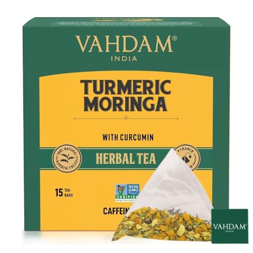 Photo 1 of 2 PACK, VAHDAM, Turmeric Moringa Herbal Tea Bags (15 Count) Caffeine Free, Non GMO, Gluten Free | 100% Pure Herbal Blend - Sweet & Earthy | Individually Wrapped Pyramid Tea Bags | Direct from Source, BEST BY 07 2024