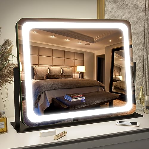 Photo 1 of FENNIO Vanity Mirror with Lights 22"x19", LED Lighted Makeup Mirror, Large Makeup Mirror with Lights, Touch Screen with 3-Color Lighting, Led Mirror Makeup, Dimmable, for Vanity Desk Tabletop, Bedroom