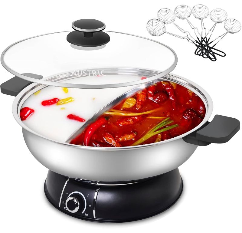 Photo 1 of Austric Electric Shabu Shabu Hot Pot, 304 Stainless Steel Hot Pot with Divider Electric pot with Tempered Glass Lid for Party, Family Gathering,5L large capacity (160BU-CLASSIC)