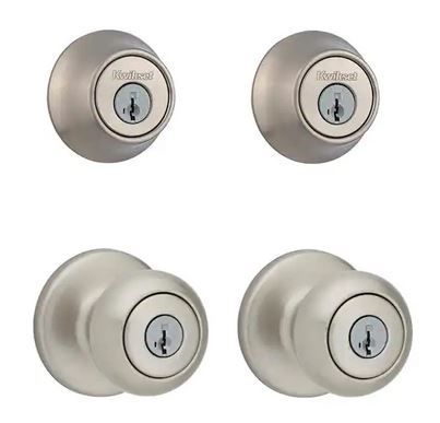 Photo 1 of Kwikset Cove Satin Nickel Keyed Entry Door Knob and Single Cylinder Deadbolt Project Pack featuring SmartKey and Microban
