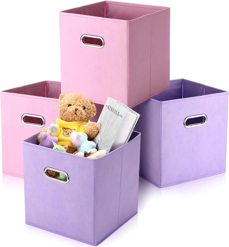 Photo 1 of (FIRST PHOTO IS EXAMPLE, PINK AND BLUE-Locmeo 4 Pcs Fabric Storage Bins Basket Foldable Storage Cubes Toy Storage Organizer with Handles Drawer Organizers for Baby Room Decor Nursery Playroom Sleepover Party Slumber Party(Blue, Pink)