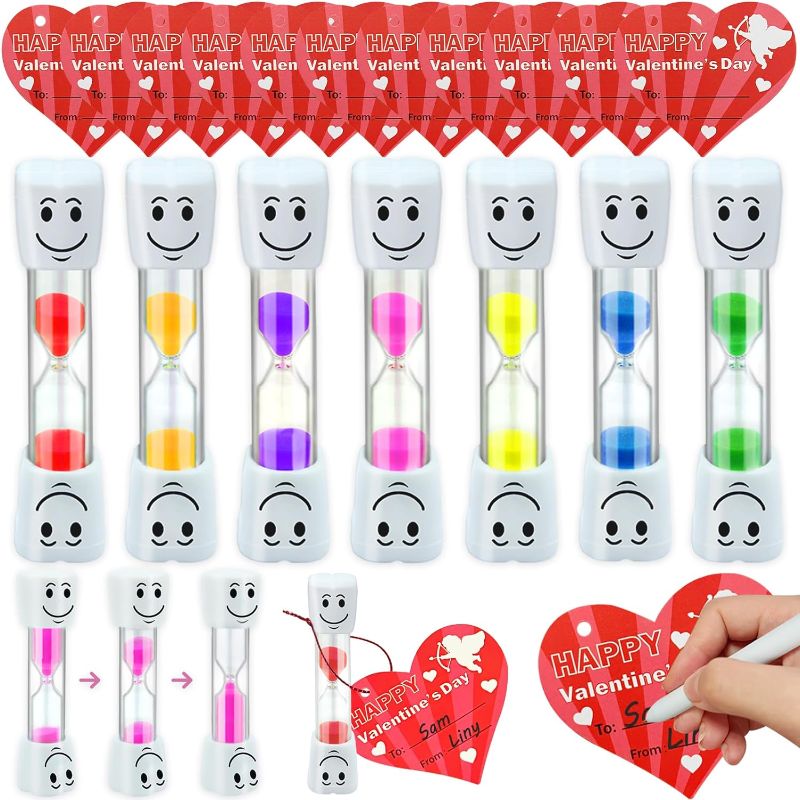 Photo 1 of 24 Pack Valentines Day Gifts for Kids, Sand Timer 7 Color Hourglass Sandglass Timer with Valentine Cards Heart 3 Minutes Sand Clock Timer for Kids Classroom Exchange School Prize and Party Favors
