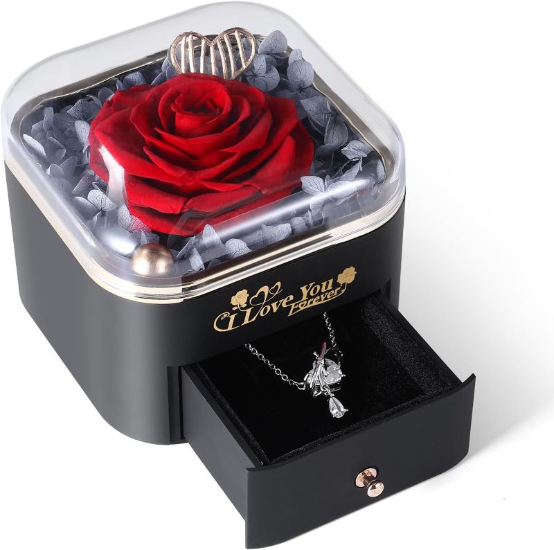Photo 1 of Mikasol Preserved Real Rose with Jewelery Box, Artificial Flowers Decoration Romantic Rose Gifts for Women in Her Wife Girlfriend Birthday Anniversary Valentines Day Mothers Day Christmas(Black) 