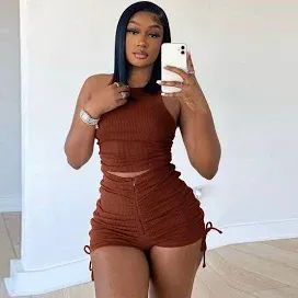 Photo 1 of Womens Two Piece Outfits Summer 2023 Sexy Cute Ribbed Crop Top Drawstring Ruched Short Workout Sets Z01-Brown XL