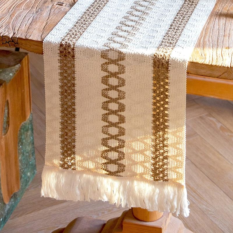 Photo 1 of Boho Macrame Table Runner Cotton Linen Tablecloth, Burlap Cotton Farmhouse Style Vintage Rustic Table Runners with Tassels for Bohemian Wedding Bridal Shower Home Dining Beach Table Decor 108 inches 