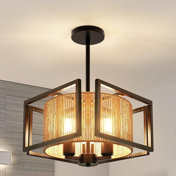 Photo 1 of Modern Ceiling Light Fixture, 3 Light Semi Flush Mount Ceiling Light Industrial Light Fixtures Ceiling Mount with Rattan Drum Shade Black Metal Frame Bedroom Ceiling Lights for Hallway Kitchen Entry