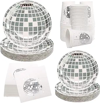Photo 1 of 120 Pcs Disco Party Supplies Silver Disco Ball Party Paper Dishes 80s 90s Disco Party Tableware Disco Ball Paper Plates Napkins Cups for Picnic Travel Disco Party Decorations
