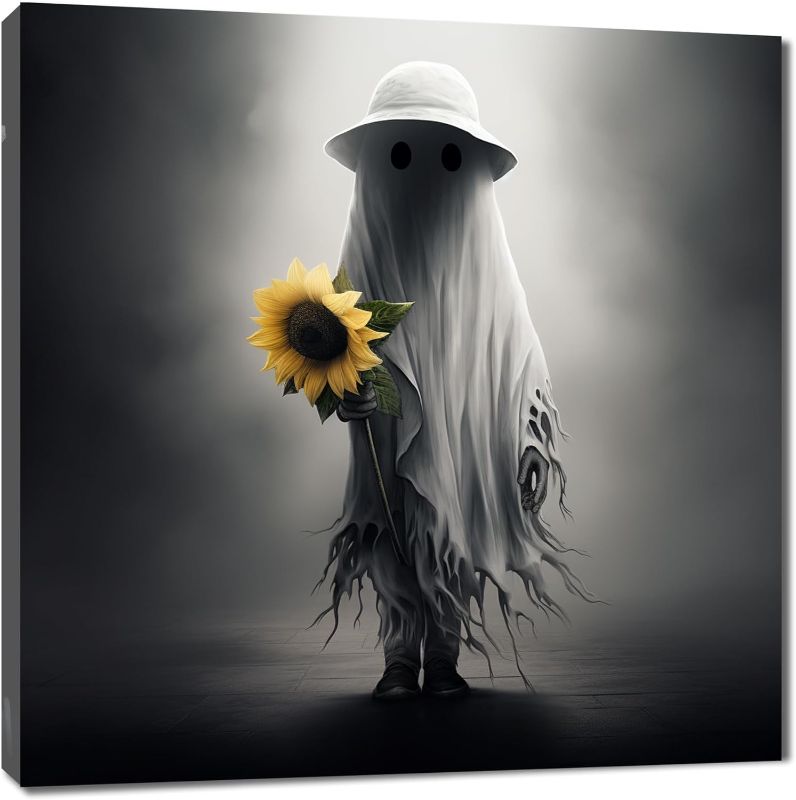 Photo 1 of Cute Ghost Taking Sunflower With Hat/Walking Alone on Black White Street/Framed Canvas Wall Art Painting for All Saints' Day Decoration Home Bedroom Living Room Decor 12x16 inches Ready to Hang

