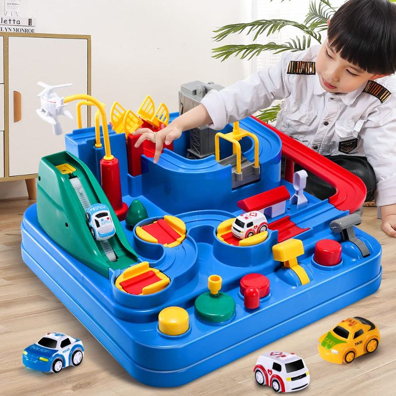 Photo 1 of TEMI Kids Race Track Toys for Boy Car Adventure Toy for 3 4 5 6 7 Years Old Boys Girls, Puzzle Rail Car, City Rescue Playsets Magnet Toys w/ 3 Mini Cars, Preschool Educational Car Games Gift Toys BLUE