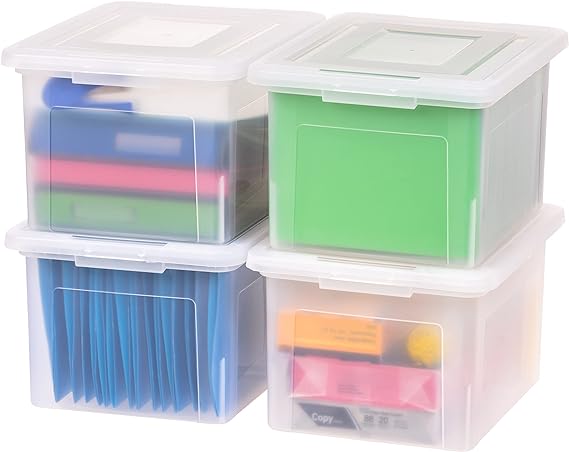 Photo 1 of Plastic File Box Organizer with Secure Durable Latching Lid and File Rails, Letter & Legal Size, Nestable and Stackable, 4 Pack, Clear
