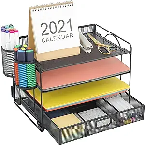 Photo 1 of Marbrasse 4-Trays Desktop File Organizer with Pen Holder | Paper Letter Tray with Drawer and 2 Pen Holder | Mesh Office Supplies Desk Organizer for Home Office (Black)
