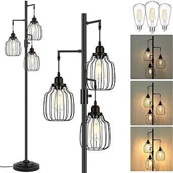 Photo 1 of Dimmable Floor Lamp with 3 x 800LM LED Edison Bulbs,Tall Standing Lamp for Living Room,Farmhouse Black Corner Floor Lamp,Bright Industrial Rustic Vintage Tree Pole Light with Cage for Bedroom Office

