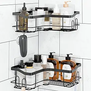 Photo 1 of Adhesive Shower Shelves, 2 Pack Large Capacity Hanging Shower, Rustproof No Drilling Home Decor Shelf for Bathroom Storage, Bathroom Shower Shelves Organizers (Black-triangle-two)