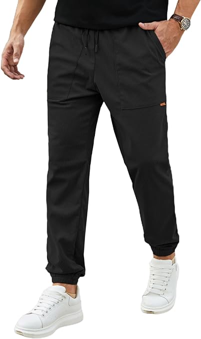 Photo 1 of JMIERR Mens Corduroy Pants - Drawstring Waist Stretch Tapered Joggers Sweatpants Chinos Pants with Pockets GREY