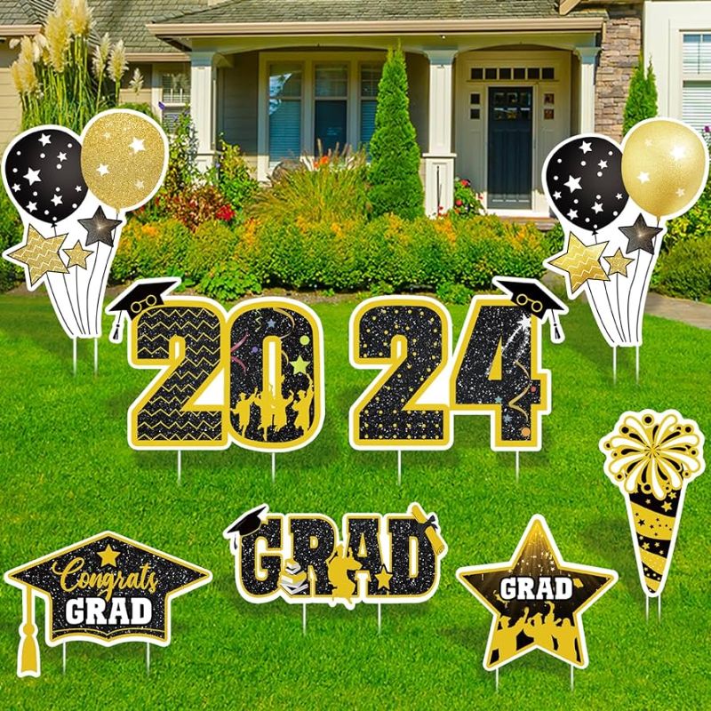 Photo 1 of Graduation Decorations Class of 2024,14 Pieces Congrats Grad Party Yard Signs With Stakes,Waterproof Graduation Lawn Outdoor Decoration for College, Grad, Class of 2024 black