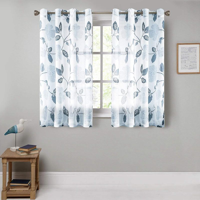 Photo 1 of MRTREES Sheer Curtain Panels, Voile Sheer Curtains Drapes, Flower Printed Embroidery Window Curtain Treatments with Grommet Top for Living Room Bedroom Bathroom Window(2 Panels, 54x54 Inches, Blue)
