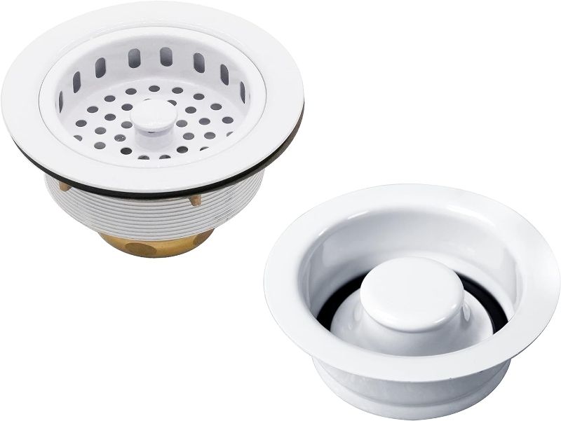 Photo 1 of Westbrass D2165-50 Post Style Large Kitchen Basket Strainer with Waste Disposal Flange and Stopper, Powder Coat White
