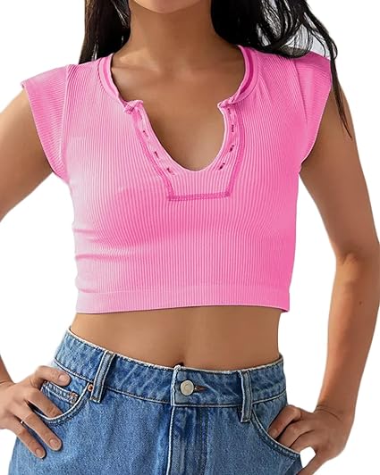 Photo 1 of SZ SMALL Beumissy Women's Crop Top Crew Neck T-Shirt Short Sleeve Ribbed Knit Basic Crop Tank Top
