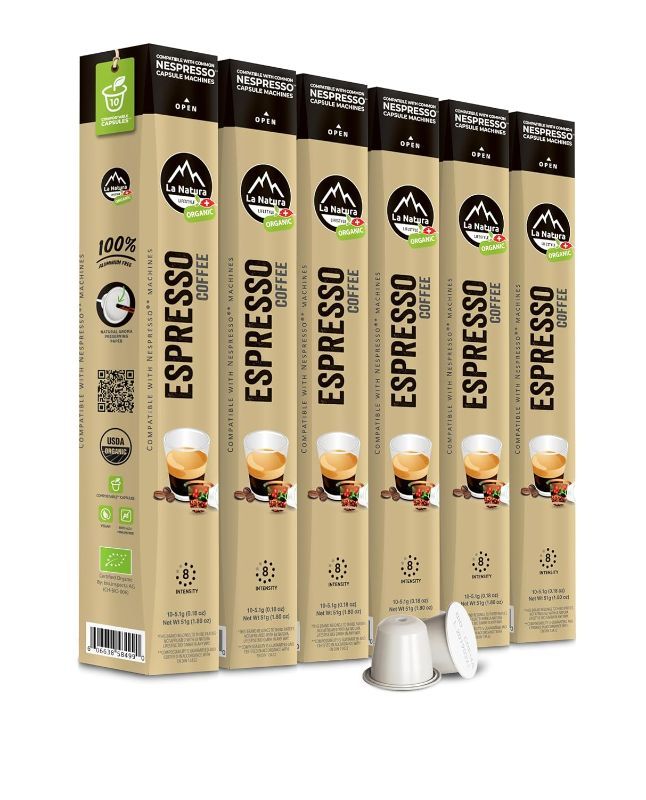 Photo 1 of La Natura Organic Espresso Coffee Pods - 100% Arabica Dark Roast Blend, Compostable & Biodegradable Capsules, Rich Flavor - Eco-Friendly Single-Serve Pods - Pack of 60 Espresso 1 Count (Pack of 60)