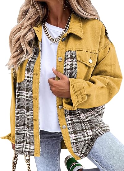 Photo 1 of Astylish Women Jean Jacket Long Sleeve Button Down Plaid Oversized Denim Shacket Jackets
