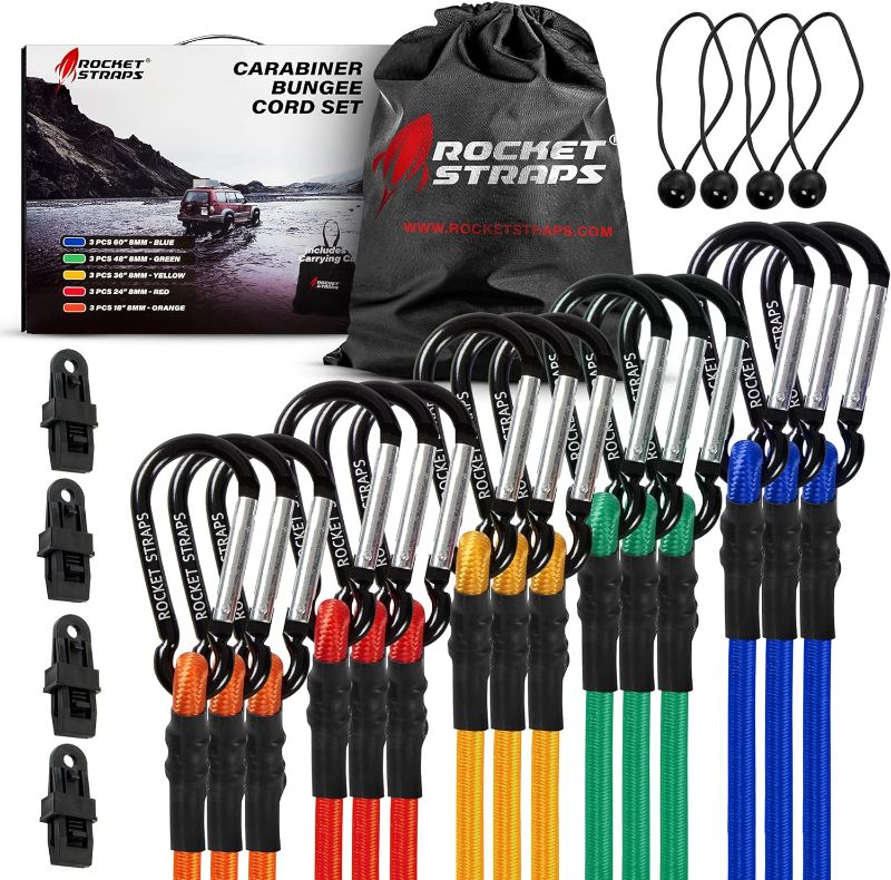 Photo 1 of Bungee Cords | Premium Heavy Duty Outdoor Carabiner Bungee Cords with Hooks | Bungee Cord Assortment Includes | Tie Downs | Ball Bungees | (4) Tarp Clips | Bungie Cord Straps
