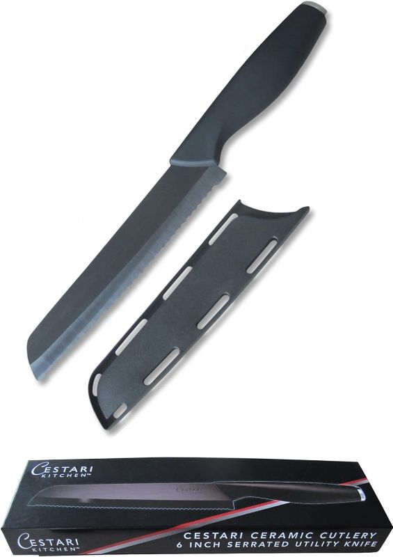 Photo 1 of Cestari Advanced Ceramic Knife - Razor Thin Slices -Serrated Bread Knives - Never Needs Sharpening - Black Mirror Finish - Specialty Knives - Tomato Knife with Safety Sheath in Luxury Gift Box
