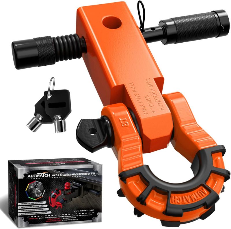 Photo 1 of AUTMATCH Shackle Hitch Receiver 2 Inch with 3/4" Mega D Ring Shackle and 5/8" Trailer Hitch Lock Pin, 68,000 Lbs Break Strength Heavy Duty Receiver Kit for Vehicle Recovery, Orange
