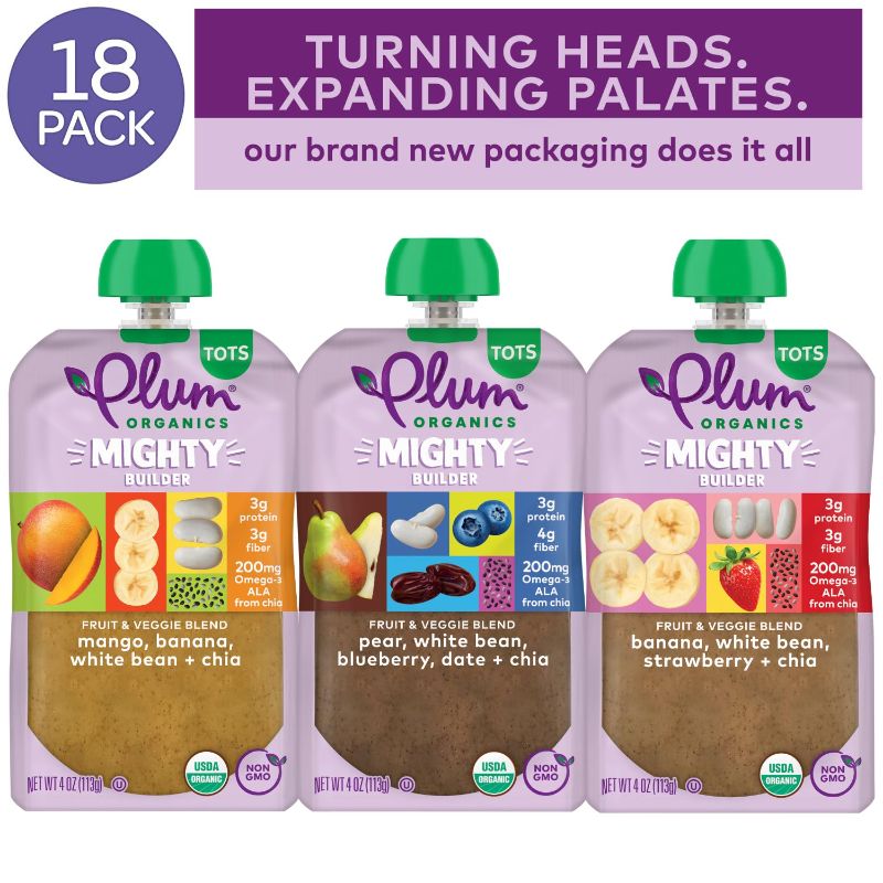 Photo 1 of Plum Organics Mighty Builder Organic Toddler Food - Fruit and Veggie Blend Variety Pack - 4 oz Pouch (Pack of 18) - Organic Fruit and Vegetable Toddler Food Pouch FEB YEAR 25
