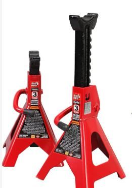 Photo 1 of BIG RED T43202 Torin Steel Jack Stands: 3 Ton (6,000 lb) Capacity, Red, 2 Count (Pack of 1) & MAXXHAUL 70472 Solid Rubber Heavy Duty Black Wheel Chock 2-Pack, 8" x 4" x 6" 2 count 