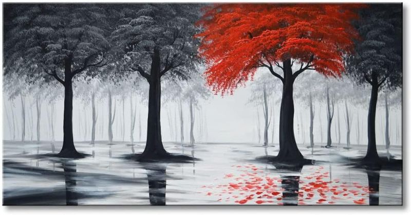 Photo 1 of Everfun Art Hand Painted Landscape Oil Painting On Canvas Modern Contemporary Black and Red Forest Wall Art Stetched Abstract Tree Artwork for Living Room Framed Ready to Hang ( 48x24 inch) 