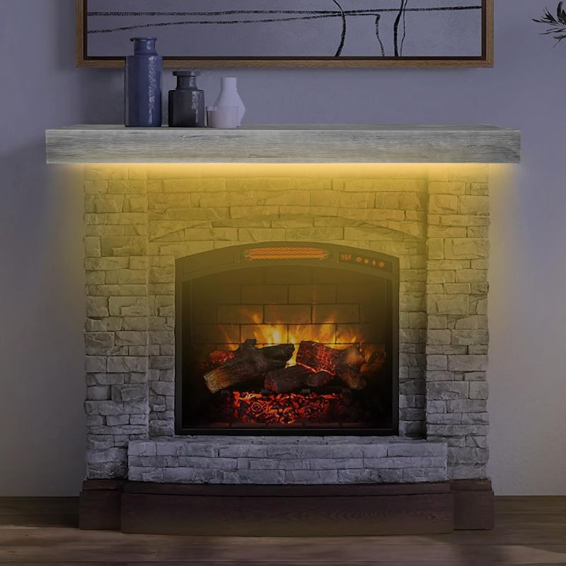 Photo 1 of koretech Fireplace Mantel 48''/60''/72'' with LED Lights, Solid Rustic Wood Floating Farmhouse Shelf Handcrafted Wall Mounted, with Invisible Heavy Duty Metal Bracket (Ash Gray, 60'' Long) 