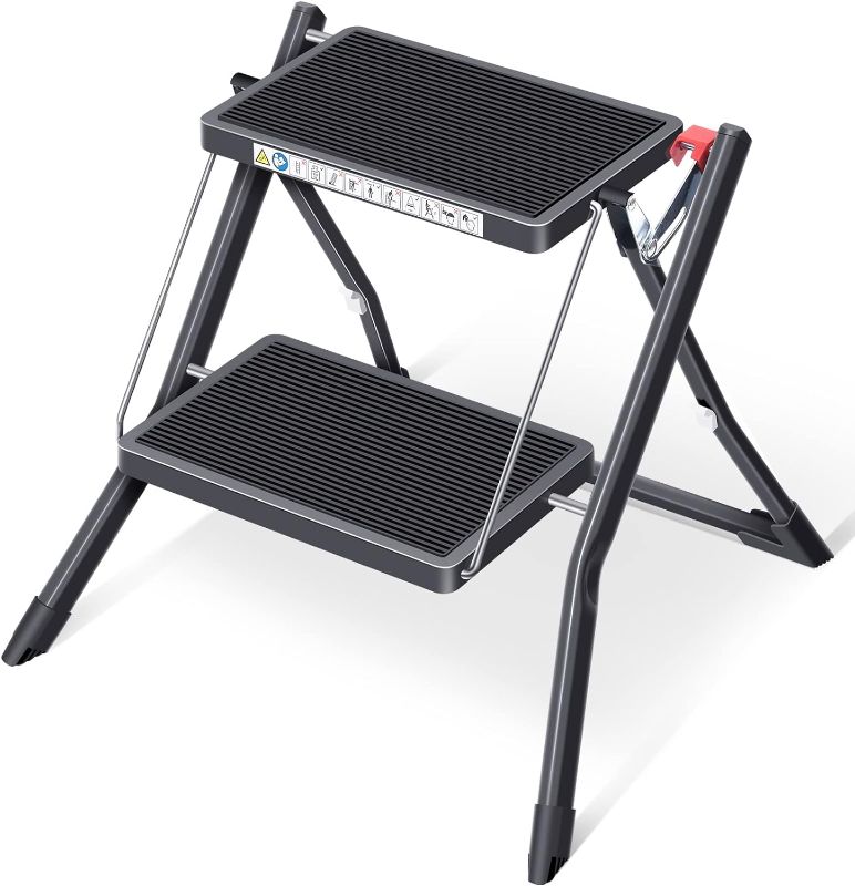 Photo 1 of KINGRACK Folding Step, 2 Step Stepladder, Foldable, Ladder with Non-Slip Rubber mat, Step Stool with Release Button, Light Steel, for up to 330lbs, Black