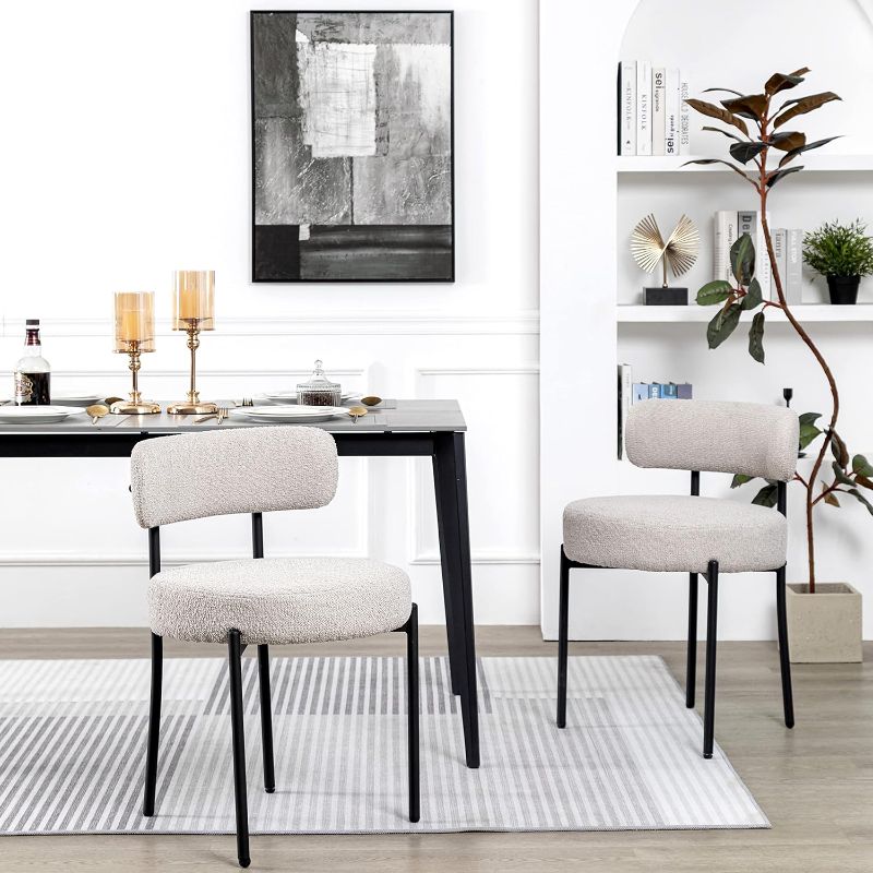 Photo 1 of Limited-time deal: DYHOME Light Grey Dining Chairs Set of 2, Modern Dining Room Chairs Mid-Century, Round Upholstered Kitchen Chairs, Boucle Sherpa Dining Chair with Black Metal Legs 