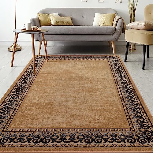 Photo 1 of Antep Rugs Alfombras Bordered Modern 5x7 Non-Slip (Non-Skid) Low Pile Rubber Backing Indoor Area Rug (Gold Brown, 5' X 7')

