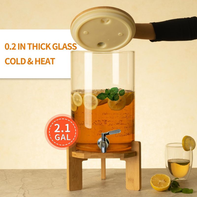 Photo 1 of  Drink Dispenser, Glass Drink Dispenser with Stand, Drink Dispenser for Parties, Beverage Dispenser with Stand, 304 Stainless Spigot, Wood Stand 1/2 Gallons Iced or Hot Beverage Dispenser
