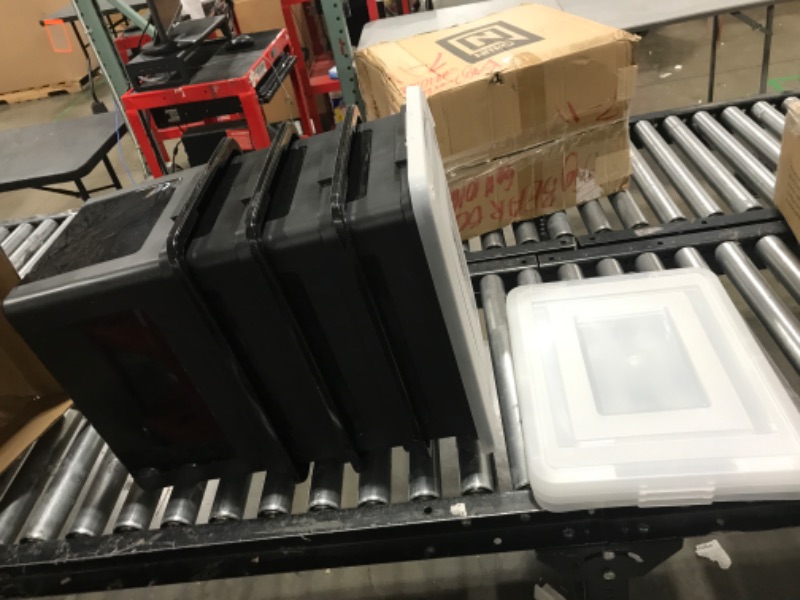 Photo 1 of IRIS USA Letter/Legal File Tote Box, 4 Pack, BPA-Free Plastic Storage Bin Tote Organizer with Durable and Secure Latching Lid, Stackable and Nestable, Black/Clear 4-Pk Black