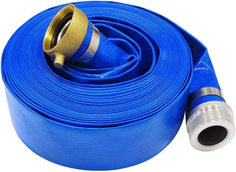 Photo 1 of 1.5" x 25' Blue PVC Backwash and Discharge Hose for Swimming Pools, Heavy Duty Reinforced Flat Pool Hose with Aluminum Pin Lug Fittings- 2 pack
