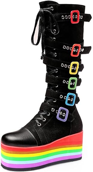 Photo 1 of CELNEPHO Knee High Platform Boots For Women Fashion Gothic Punk Rainbow Sole Buckle Zip Lace Up Wedge Heeled Boots Round Toe Combat Motorcycle Boots
