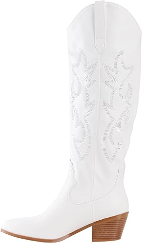 Photo 1 of Women's Western Cowboy Boots, White Fashion Embroidered Knee-High for Women Chunky Heels cowgirl Boots- size 13
