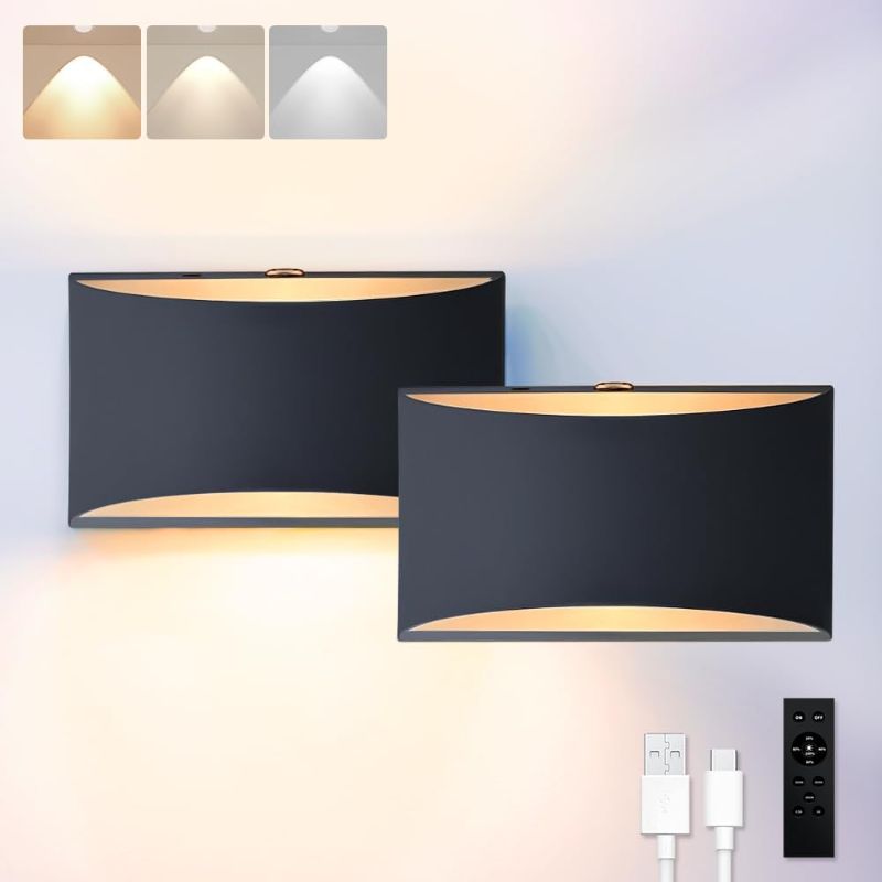 Photo 1 of BLUEYE 2Packs Battery Operated Wall Sconce,Remote Control,Soft Warm 2700K-6000K,Cast Aluminum,Rechargeable,50W Equivalent Lamp,No Flicker,600Lumens,Dimmable,Black,Set of Two for Non-Hardwired
