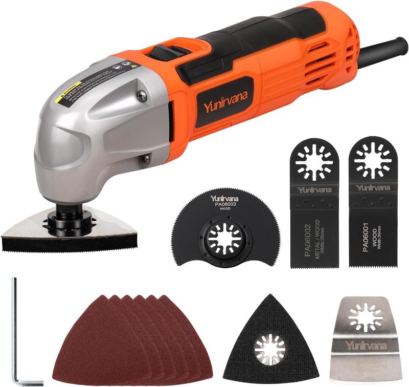 Photo 1 of 22000 OPM 1.5A Oscillating Multi Tool, 3 Degree Oscillating Angle with 3 Pieces Saw Blades, 1 Piece Semi Circle Blade Sanding Plate, 6 Pcs Sanding Papers for Grinding
