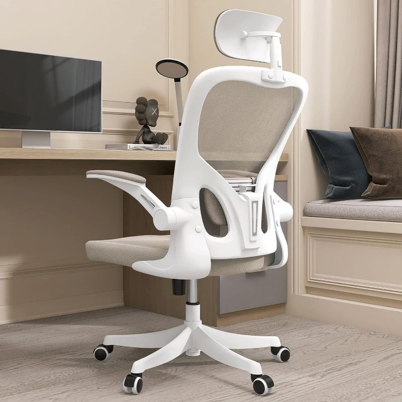 Photo 1 of Ergonomic Office Chair, Office Chair with Lumbar Support & Headrest & Flip-up Arms Height Adjustable Rocking Home Office Desk Chairs Swivel High Back Computer Chair Warm Taupe Mesh Study Chair
