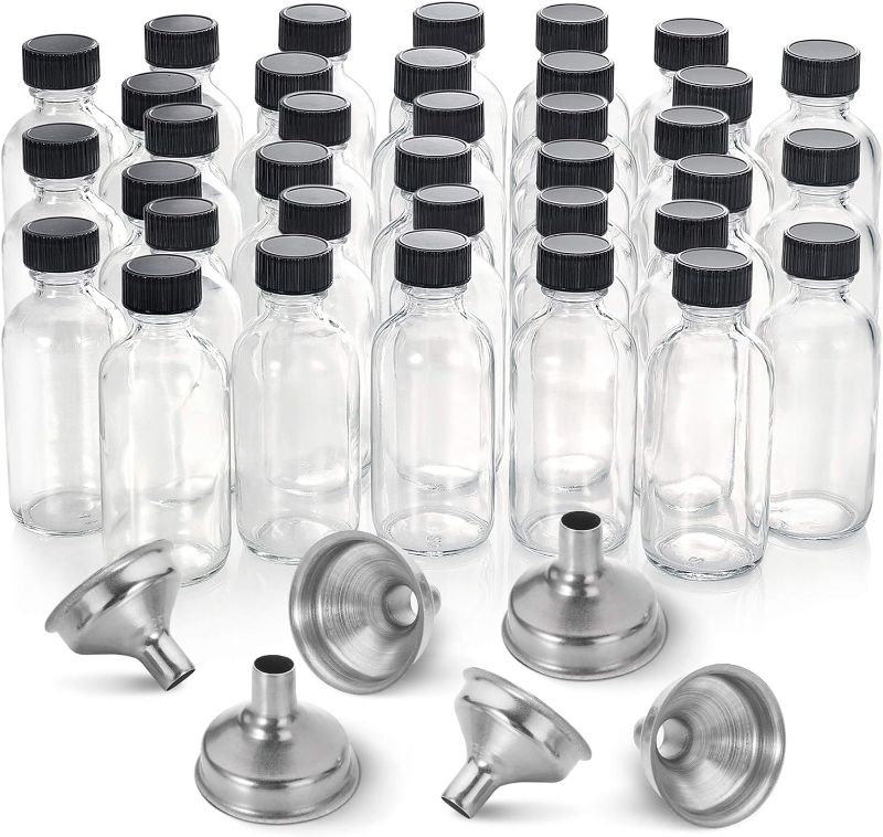 Photo 1 of 36 Pack, 2 oz Small Clear Glass Bottles w/ Lid & 6 Stainless Steel Funnels - 60ml Boston Sample Bottles - Mini Travel Essential or Decorative Bottles for Potion, Juice, Wellness, Ginger Shots, Whiskey 