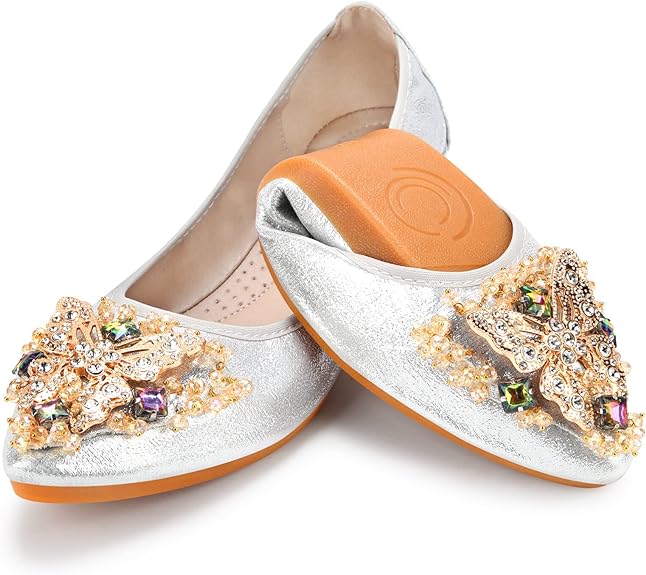 Photo 1 of  Women Ballet Flats Rhinestone Wedding Ballerina Shoes Foldable Sparkly Comfort Slip on Flat Shoes
