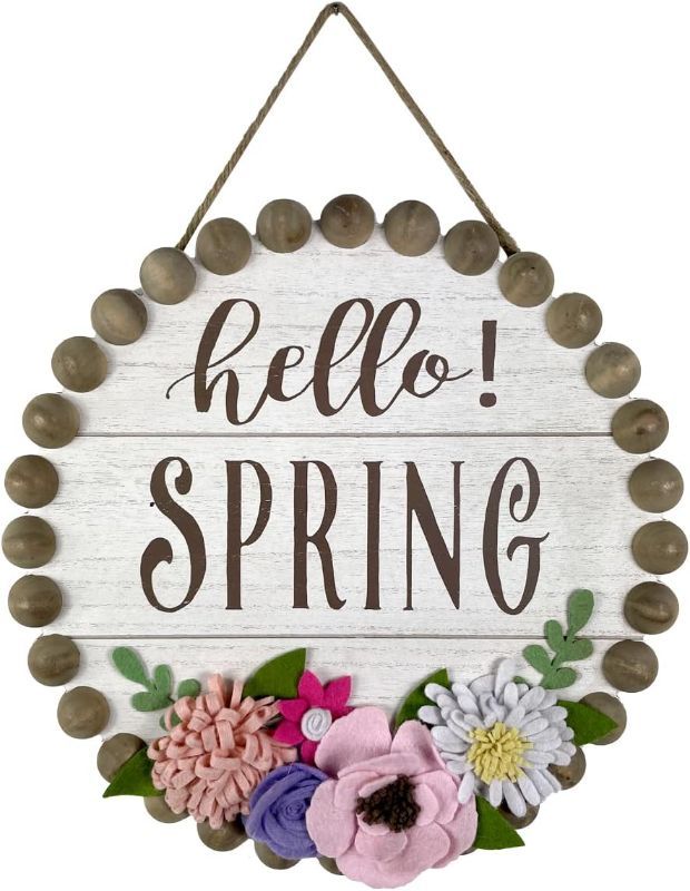 Photo 1 of Spring Decorations Hello Spring Wall Sign 3D Fabric Flowers Wall Plaque Rustic Farmhouse Wooden Decoration Round Vintage Hanging Signs Gift for Kitchen Living Dinning Room Bedroom 12" x 12"
