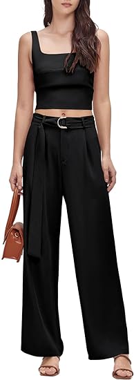 Photo 1 of Women's Summer 2 Piece Outfits Square Neck Crop Tank Tops Wide Leg Pants Lounge Sets with Belt & Pockets-XL
