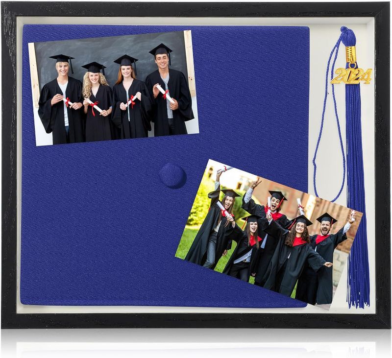 Photo 1 of 2024 Graduation Shadow Box Set 11.8 x 9.8 Inch Wooden Frame with Graduation Cap Tassel DIY Paper Flowers Diamond Sticker Decoration for Wall and Tabletop (Blue)
