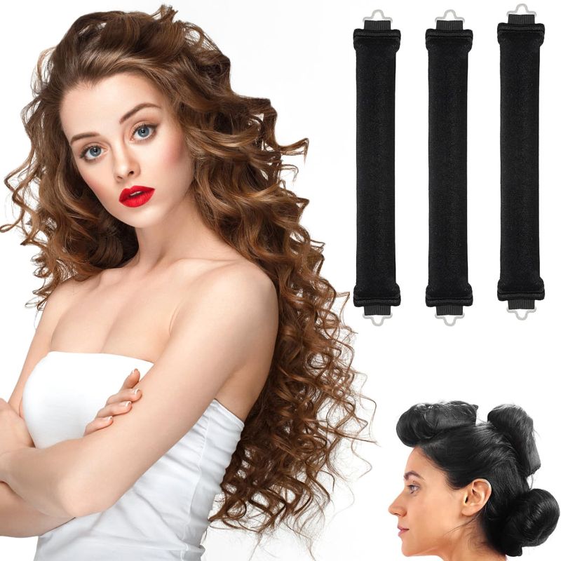 Photo 1 of No Heat Hair Curler, Flexi Rods with Hook, No Heat Hair Curlers to Sleep in,No Heat Curling Rod for All Hair Types, Overnight No Heat Curls for Blowout Hair Long Medium Hair (Black)